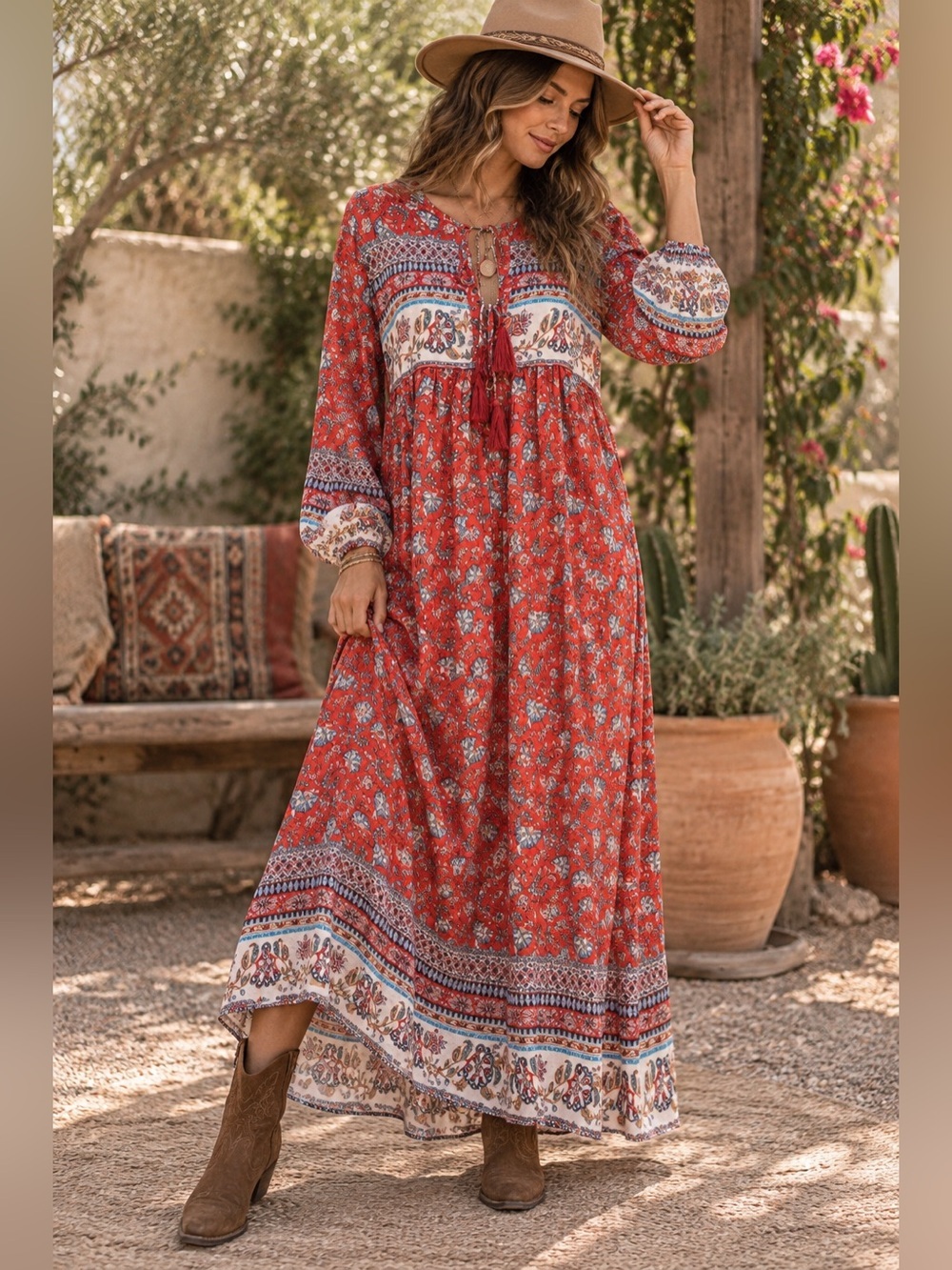Boho Red Floral Long Sleeve Maxi Dress with Tassel Tie